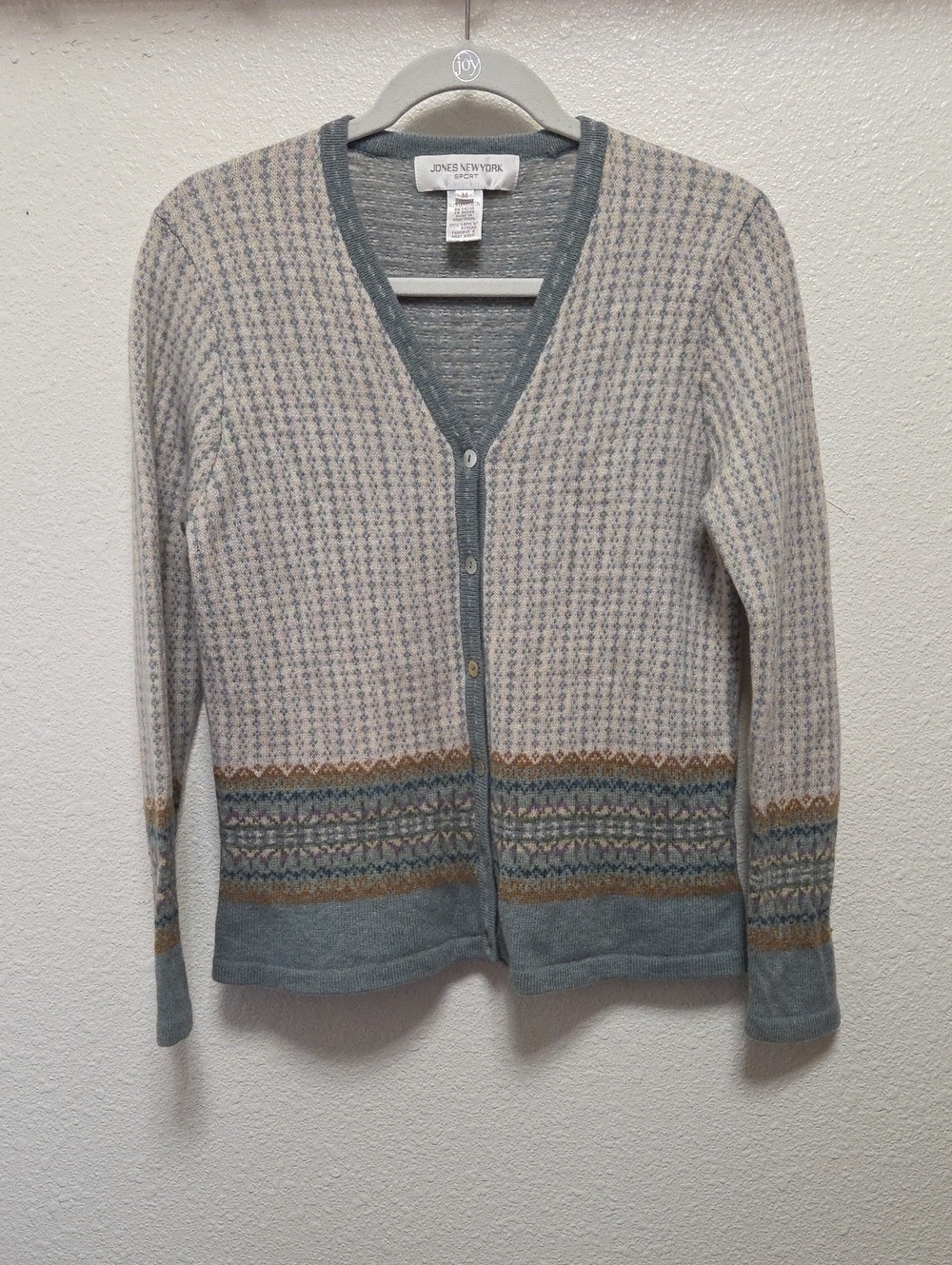 Jones New York Sport Lambswool Gray Patterned V-Neck Cardigan